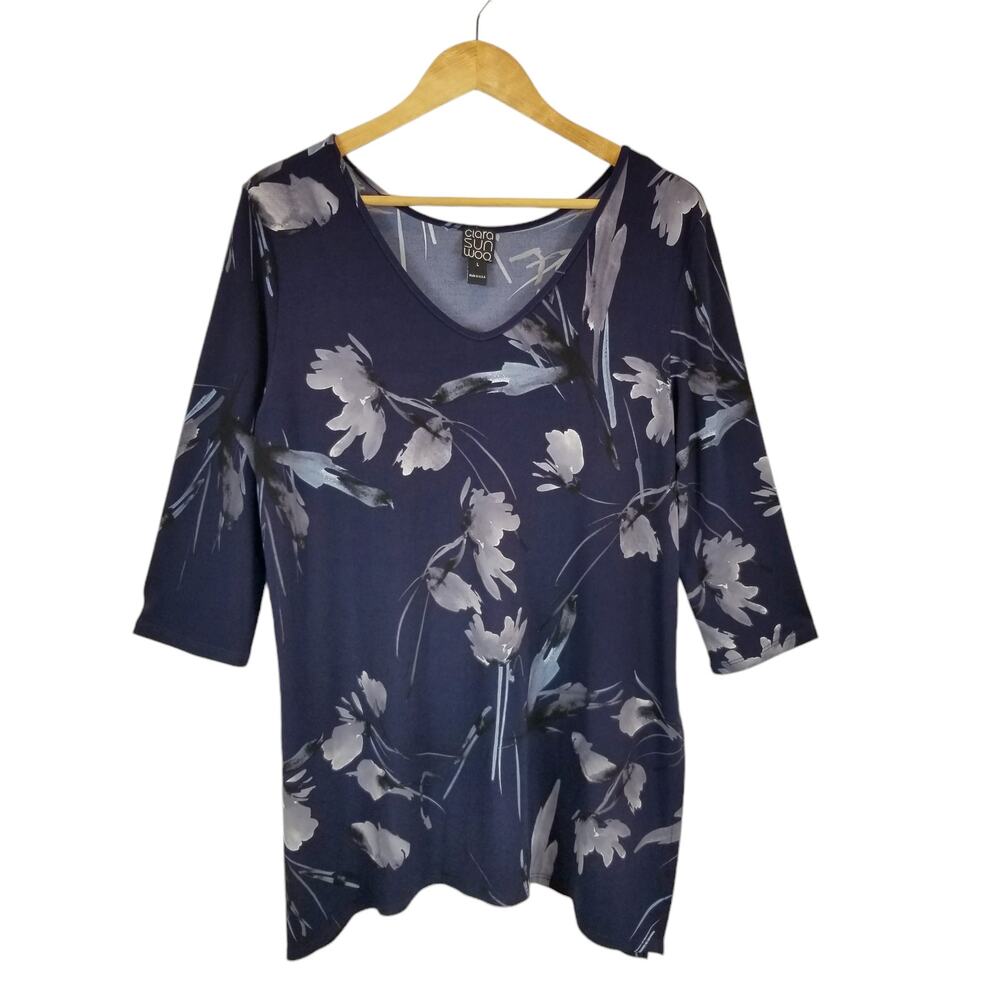 Clara Sun Woo Women's Navy Blue Floral 3/4 Sleeve Slinky Knit Tunic Top Large